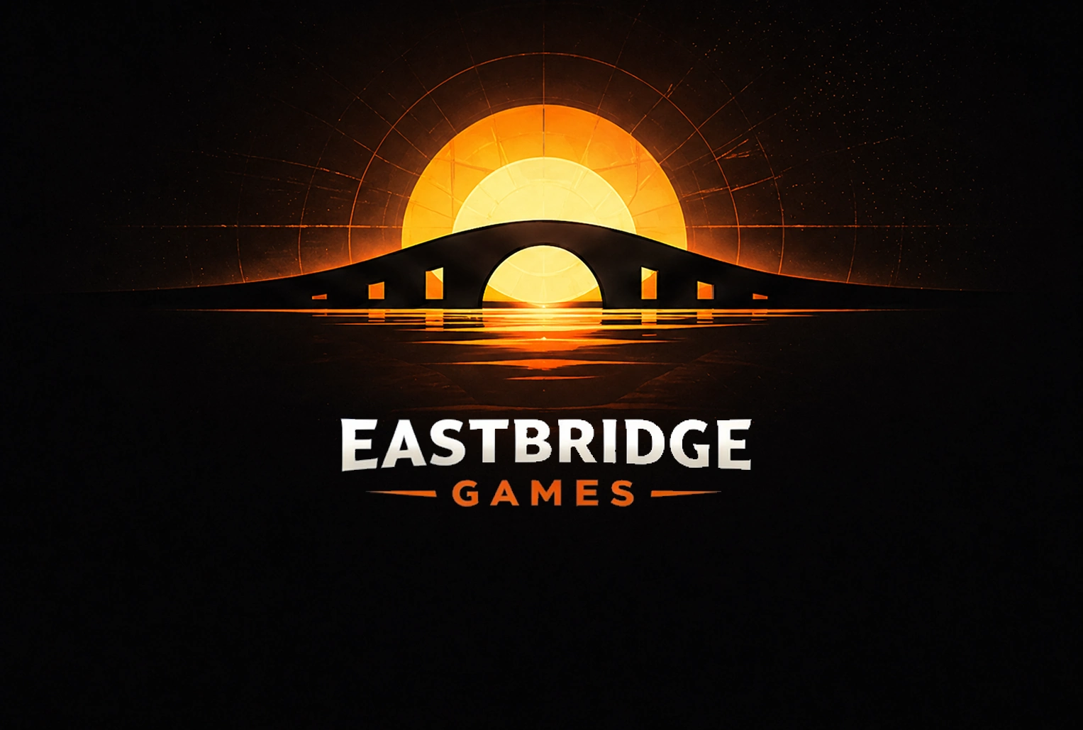 A bridge silhouetted against a low sun over still water, with the words 'EASTBRIDGE GAMES' lettered across the sky.