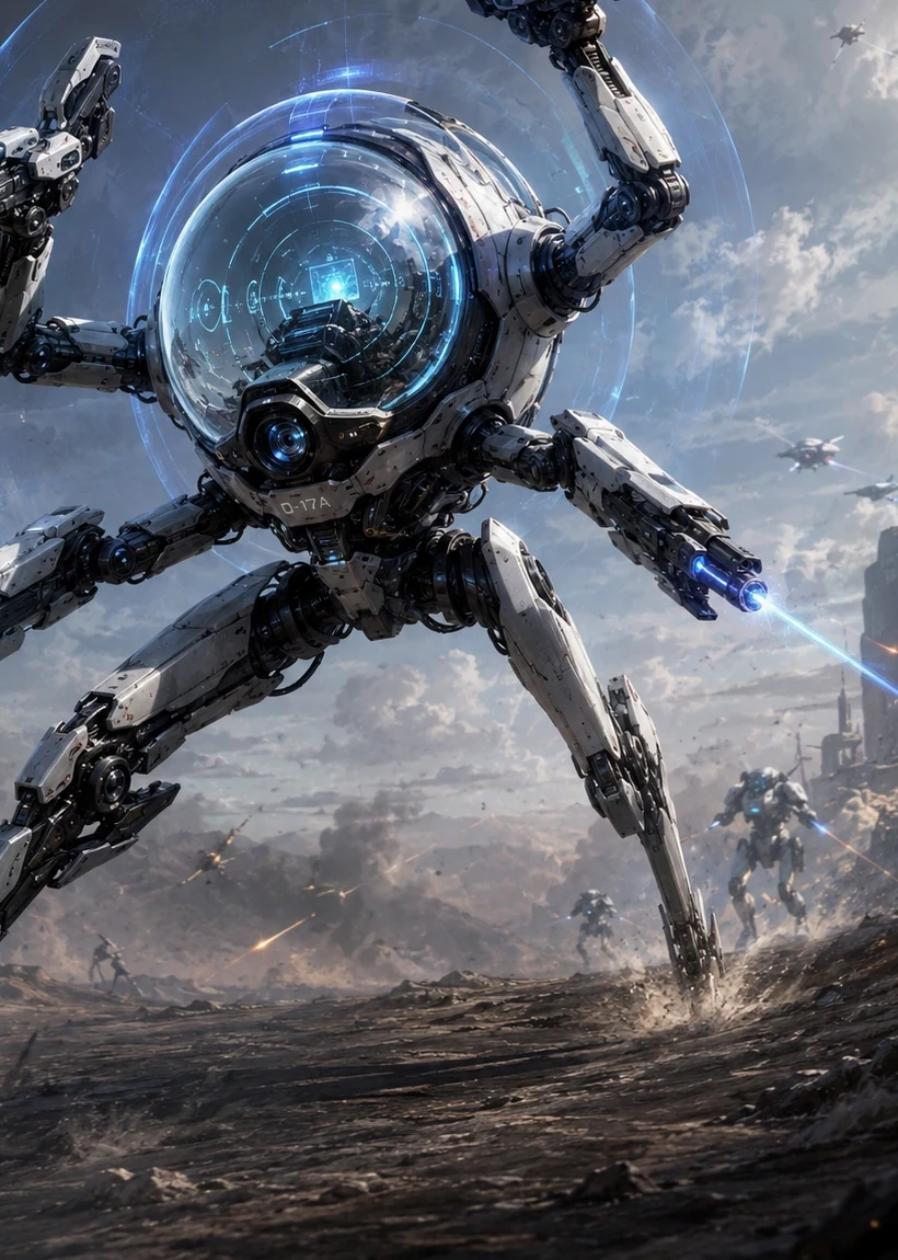 Fast scout mech concept — glass orb body, long nimble legs, four arms.