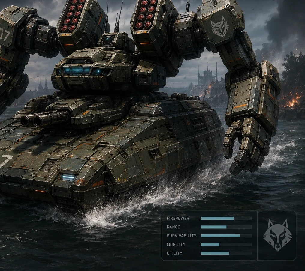 Tank mech concept — area control, push-and-burn.