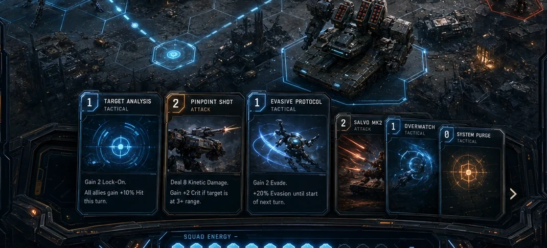 Animus: Frontier — in-combat view, a hand of cards over the tactical grid.